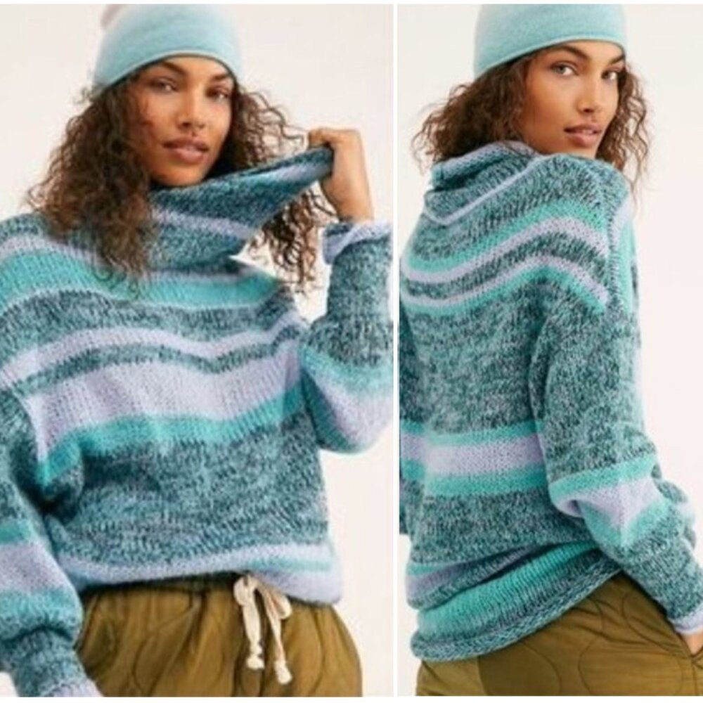 FREE PEOPLE Striped Wool Knit Blend Slouchy Cowl Neck Tunic/Sweater